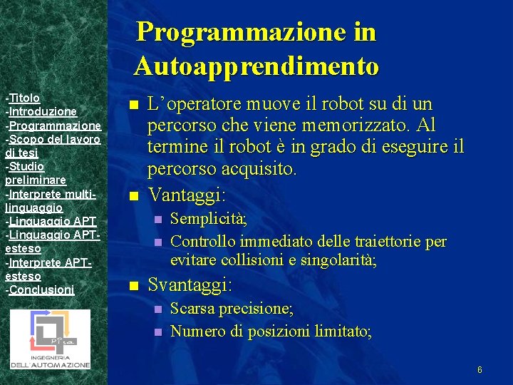 Programmazione in Autoapprendimento -Titolo -Introduzione -Programmazione -Scopo del lavoro di tesi -Studio preliminare -Interprete