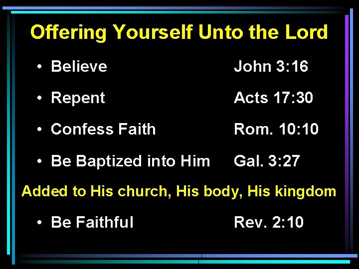 Offering Yourself Unto the Lord • Believe John 3: 16 • Repent Acts 17: