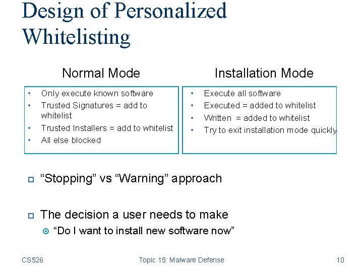 Design of Personalized Whitelisting Normal Mode • • Installation Mode • • • Only