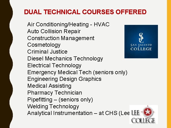 DUAL TECHNICAL COURSES OFFERED Air Conditioning/Heating - HVAC Auto Collision Repair Construction Management Cosmetology