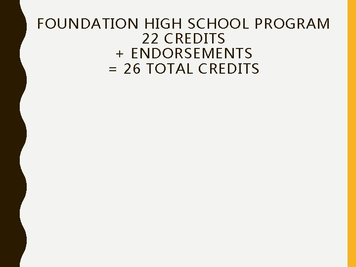 FOUNDATION HIGH SCHOOL PROGRAM 22 CREDITS + ENDORSEMENTS = 26 TOTAL CREDITS 