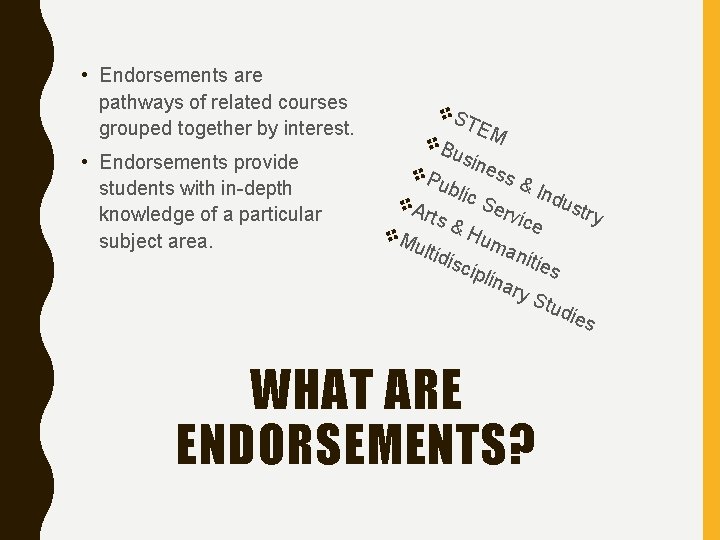  • Endorsements are pathways of related courses grouped together by interest. • Endorsements