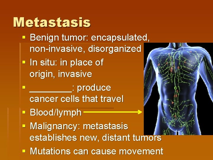 Metastasis § Benign tumor: encapsulated, non-invasive, disorganized § In situ: in place of origin,