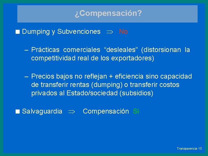 ¿Compensación? < Dumping y Subvenciones No – Prácticas comerciales “desleales” (distorsionan la competitividad real