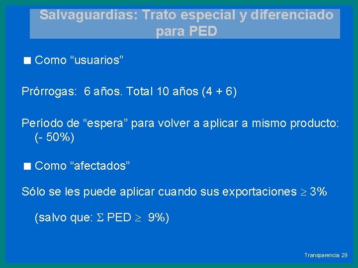 Salvaguardias: Trato especial y diferenciado para PED < Como “usuarios” Prórrogas: 6 años. Total