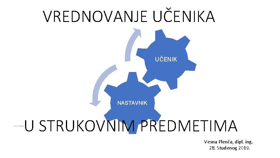 VREDNOVANJE UČENIKA UČENIK NASTAVNIK U STRUKOVNIM PREDMETIMA Vesna Plenča, dipl. ing. 28. Studenog 2019.