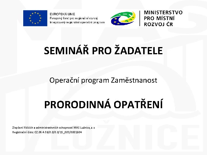 SEMINÁŘ PRO ŽADATELE Operační program Zaměstnanost PRORODINNÁ OPATŘENÍ Zlepšení řídících a administrativních schopností MAS