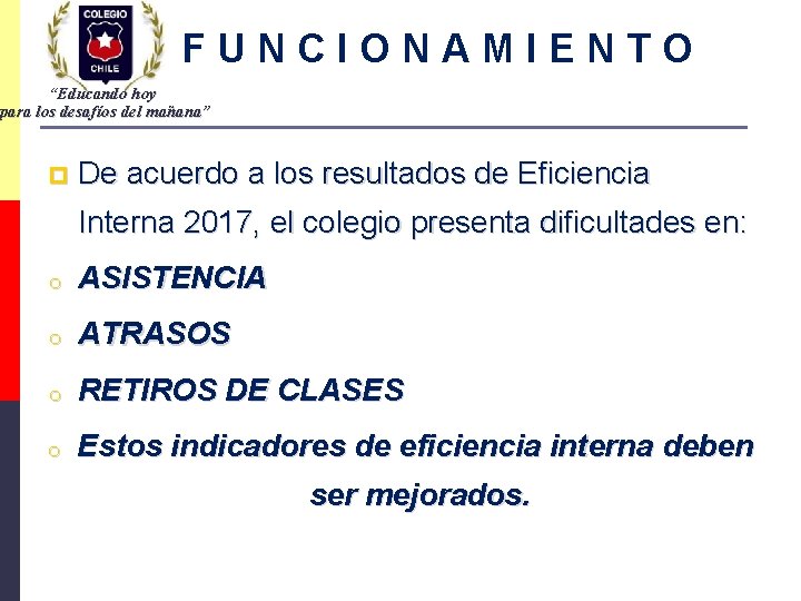 FUNCIONAMIENTO “Educando hoy para los desafíos del mañana” p De acuerdo a los resultados