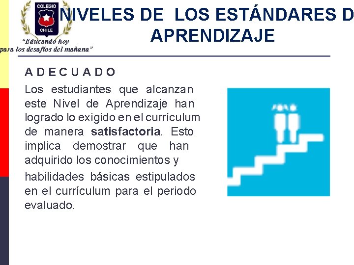 NIVELES DE LOS ESTÁNDARES D APRENDIZAJE “Educando hoy para los desafíos del mañana” ADECUADO