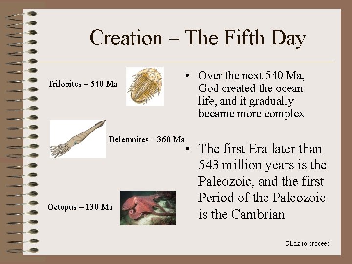 Creation – The Fifth Day Trilobites – 540 Ma Belemnites – 360 Ma Octopus