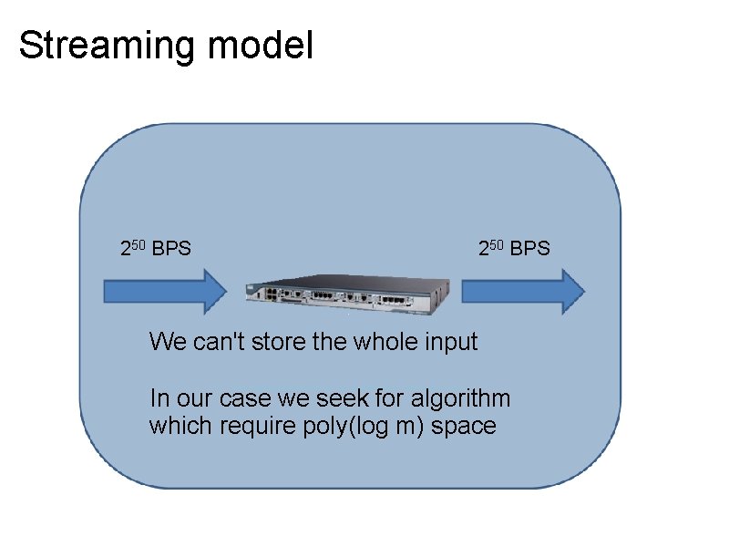 Streaming model 250 BPS We can't store the whole input In our case we