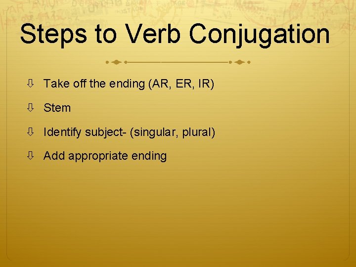 Steps to Verb Conjugation Take off the ending (AR, ER, IR) Stem Identify subject-