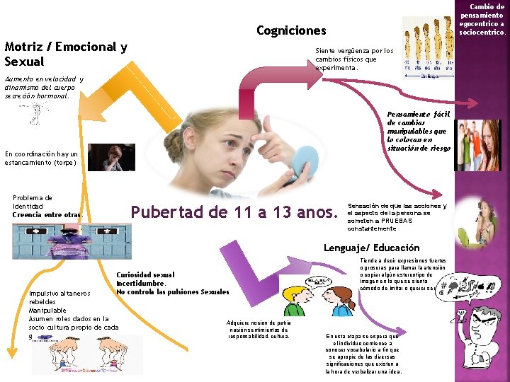 Cambio de pensamiento egocentrico a sociocentrico. Cogniciones Motriz / Emocional y Sexual Siente vergüenza