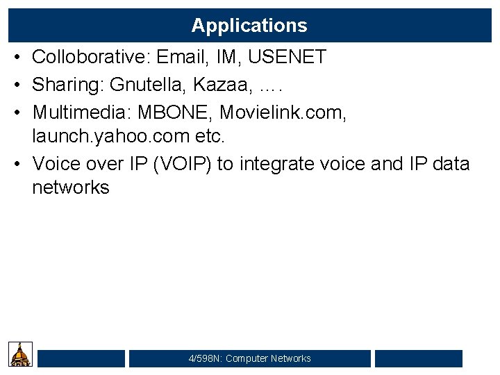 Applications • Colloborative: Email, IM, USENET • Sharing: Gnutella, Kazaa, …. • Multimedia: MBONE,