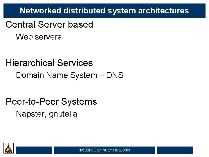 Networked distributed system architectures Central Server based Web servers Hierarchical Services Domain Name System