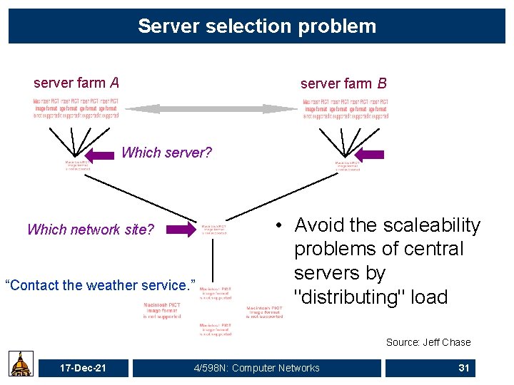 Server selection problem server farm A server farm B Which server? Which network site?