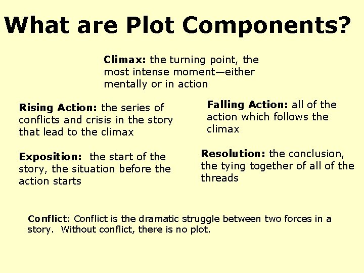 What are Plot Components? Climax: the turning point, the most intense moment—either mentally or