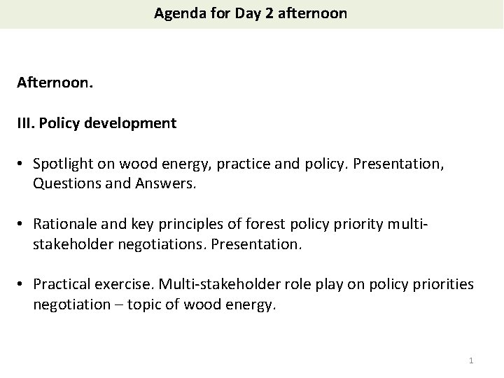 Agenda for Day 2 afternoon Afternoon. III. Policy development • Spotlight on wood energy,