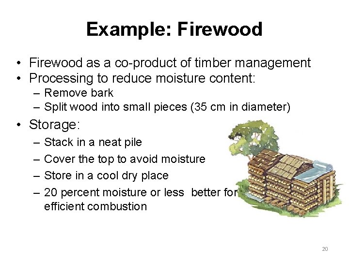 Example: Firewood • Firewood as a co-product of timber management • Processing to reduce