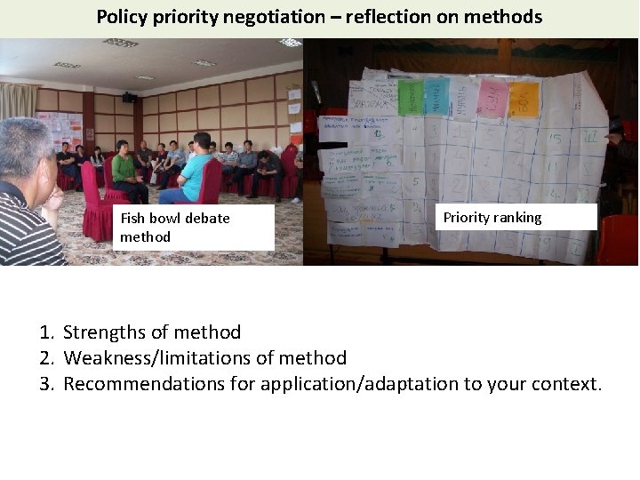 Policy priority negotiation – reflection on methods Fish bowl debate method Priority ranking 1.