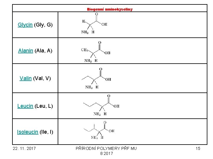 Biogenní aminokyseliny Glycin (Gly, G) Alanin (Ala, A) Valin (Val, V) Leucin (Leu, L)