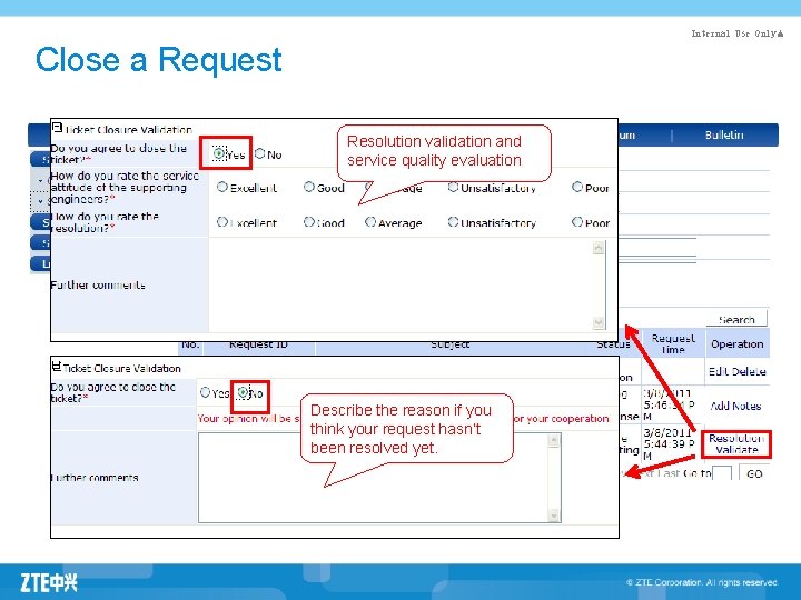 Internal Use Only▲ Close a Request Resolution validation and service quality evaluation Describe the