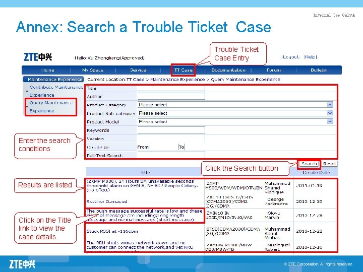 Internal Use Only▲ Annex: Search a Trouble Ticket Case Entry Enter the search conditions