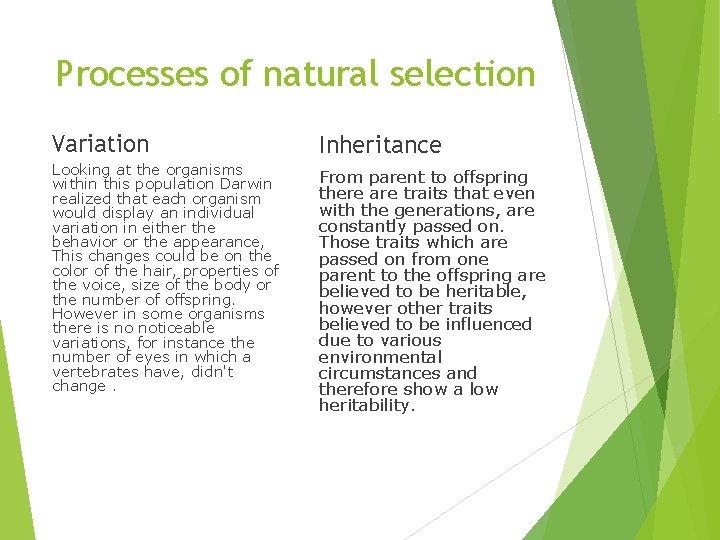 Processes of natural selection Variation Inheritance Looking at the organisms within this population Darwin