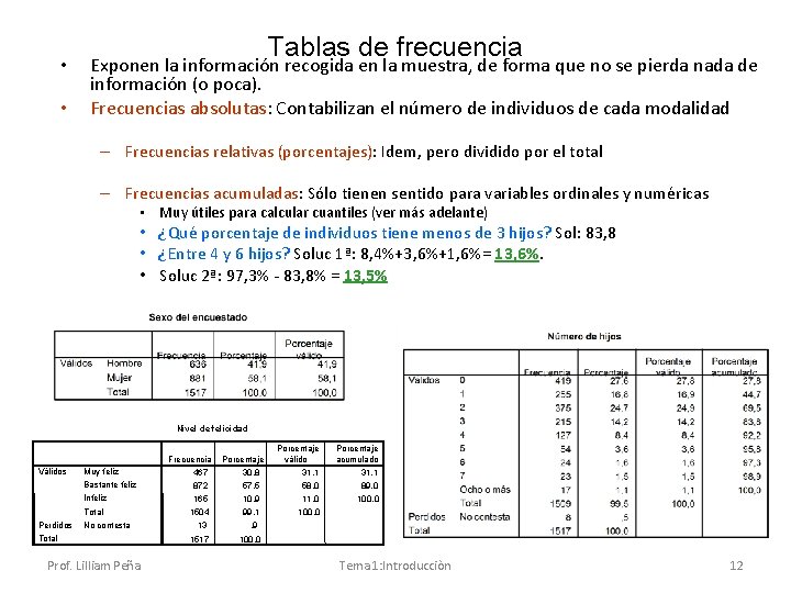  • • Tablas de frecuencia Exponen la información recogida en la muestra, de