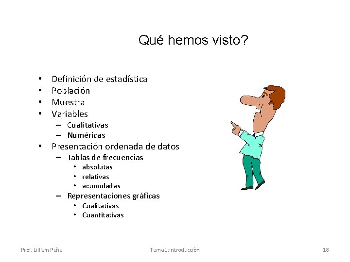 Qué hemos visto? • • Definición de estadística Población Muestra Variables – Cualitativas –