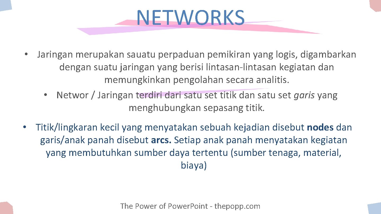 NETWORKS • Jaringan merupakan sauatu perpaduan pemikiran yang logis, digambarkan dengan suatu jaringan yang