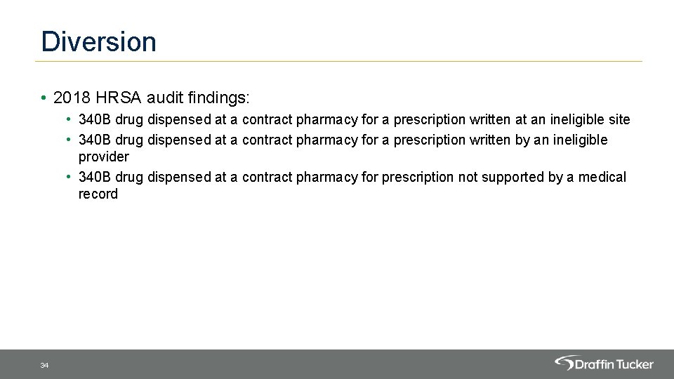 Diversion • 2018 HRSA audit findings: • 340 B drug dispensed at a contract