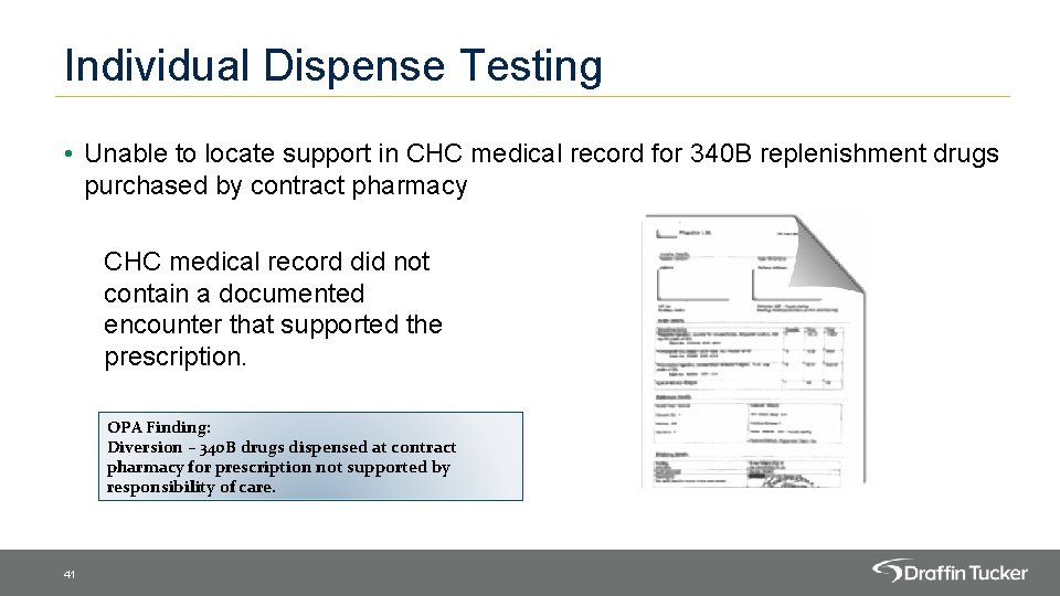 Individual Dispense Testing • Unable to locate support in CHC medical record for 340