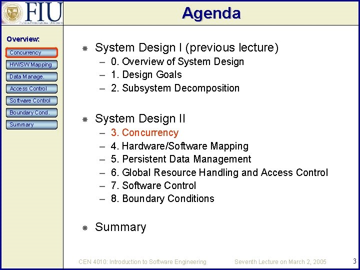 Agenda Overview: Concurrency System Design I (previous lecture) – 0. Overview of System Design