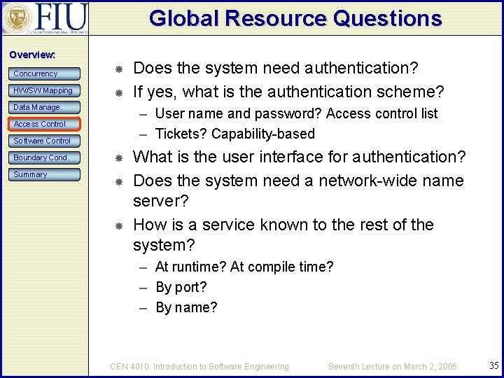 Global Resource Questions Overview: Concurrency HW/SW Mapping Data Manage. – User name and password?