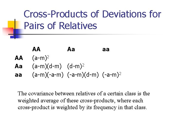 Cross-Products of Deviations for Pairs of Relatives AA Aa aa (a-m)2 (a-m)(d-m)2 (a-m)(-a-m)(d-m) (-a-m)2