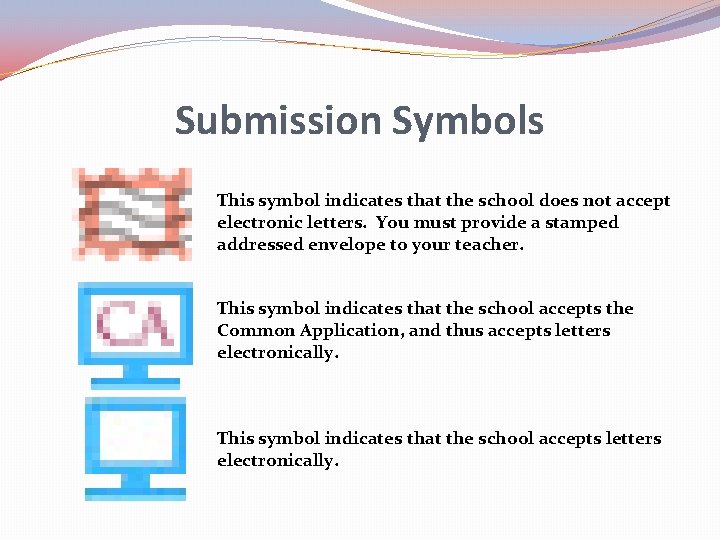 Submission Symbols This symbol indicates that the school does not accept electronic letters. You