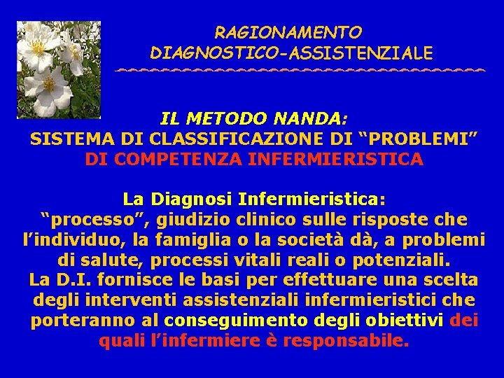 RAGIONAMENTO DIAGNOSTICO-ASSISTENZIALE IL METODO NANDA: SISTEMA DI CLASSIFICAZIONE DI “PROBLEMI” DI COMPETENZA INFERMIERISTICA La