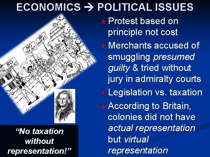 ECONOMICS POLITICAL ISSUES Protest “No taxation without representation!” based on principle not cost Merchants