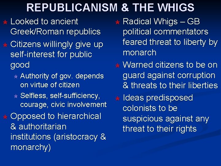 REPUBLICANISM & THE WHIGS Looked to ancient Greek/Roman republics Citizens willingly give up self-interest