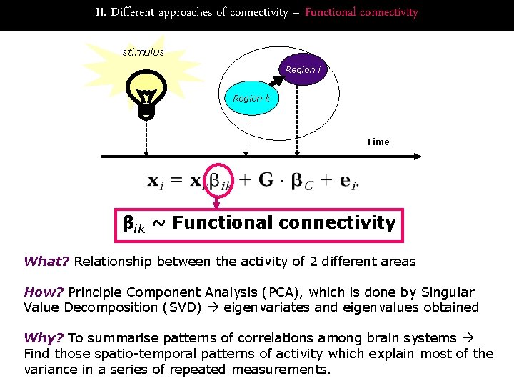 II. Different approaches of connectivity – Functional connectivity stimulus Region i Region k Time