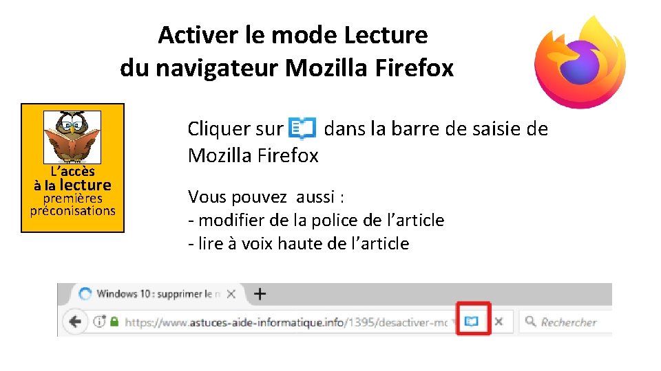 Activer le mode Lecture du navigateur Mozilla Firefox L’accès à la lecture premières préconisations