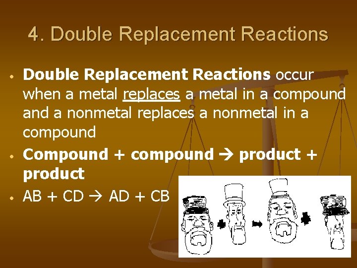 4. Double Replacement Reactions • • • Double Replacement Reactions occur when a metal