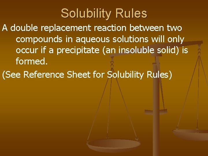 Solubility Rules A double replacement reaction between two compounds in aqueous solutions will only