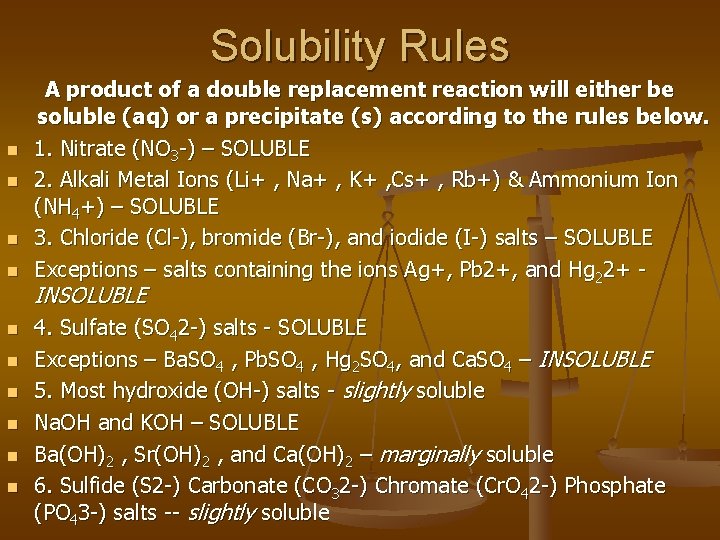 Solubility Rules n n n n n A product of a double replacement reaction