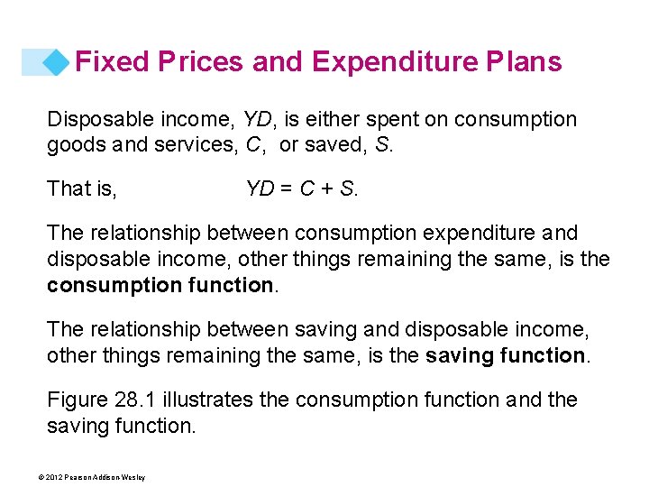 Fixed Prices and Expenditure Plans Disposable income, YD, is either spent on consumption goods