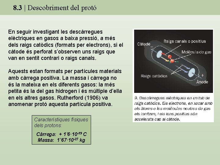 8. 3 | Descobriment del protó En seguir investigant les descàrregues elèctriques en gasos