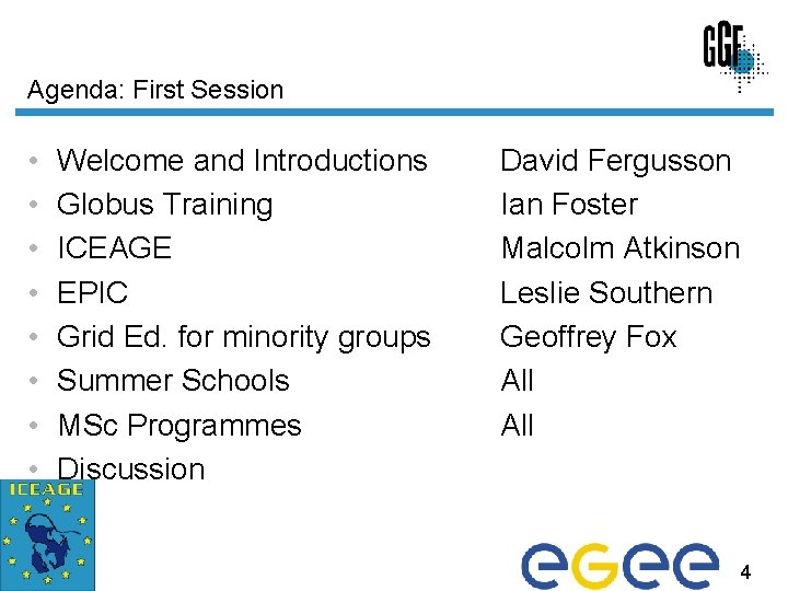 Agenda: First Session • • Welcome and Introductions Globus Training ICEAGE EPIC Grid Ed.