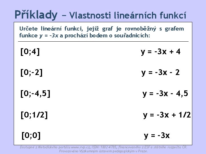 Příklady − Vlastnosti lineárních funkcí Určete lineární funkci, jejíž graf je rovnoběžný s grafem