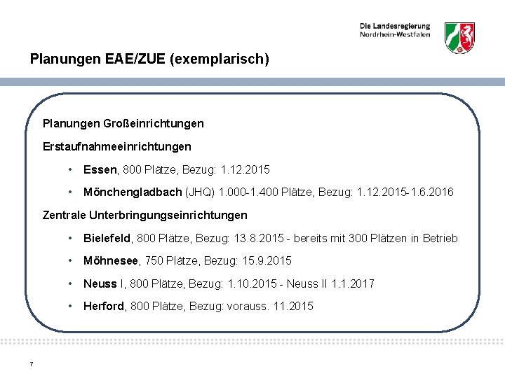 Planungen EAE/ZUE (exemplarisch) Planungen Großeinrichtungen Erstaufnahmeeinrichtungen • Essen, 800 Plätze, Bezug: 1. 12. 2015